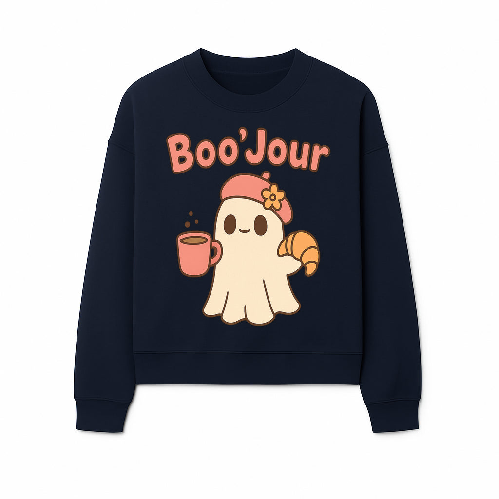Cute Ghost Boo'Jour with Coffee and Croissant - Fun Halloween Decor, Ghost Lover Gift, Whimsical Art Print, Cozy Apparel - Sweatshirt 1758093383543.jpg