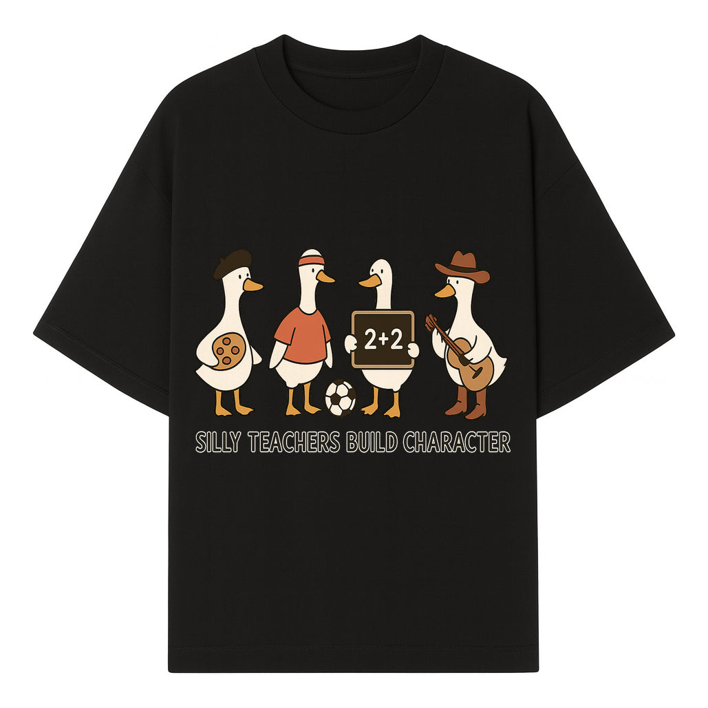 Silly Teachers Build Character Ducks Graphic Tee for Kids Fun Classroom Humor Shirt with Soccer, Music, and Learning Themes - T-shirt 1758093383681.jpg