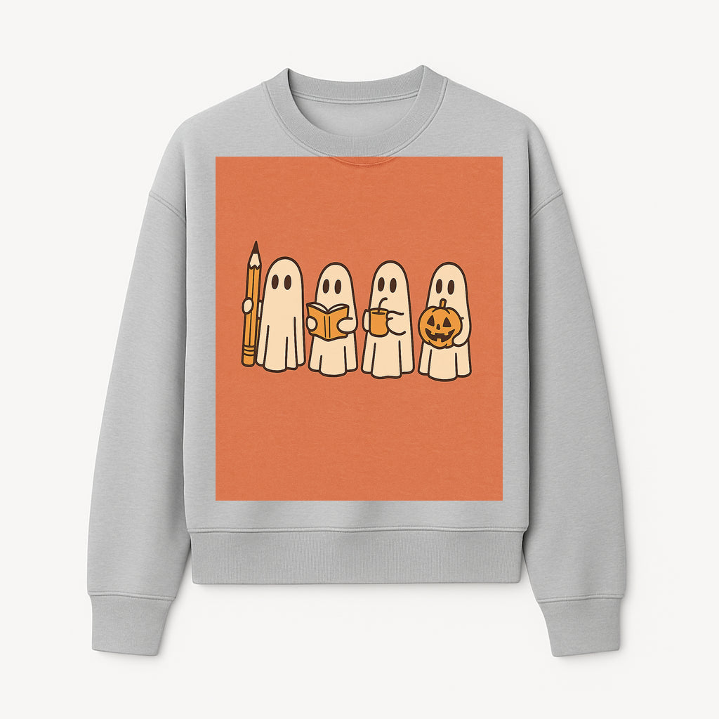 Cute Ghosts Reading, Writing, Drinking, and Celebrating Halloween Graphic Tee, Cozy Fall Top, Halloween Costume Shirt for Kids and Adults - Sweatshirt 1758093383753.jpg