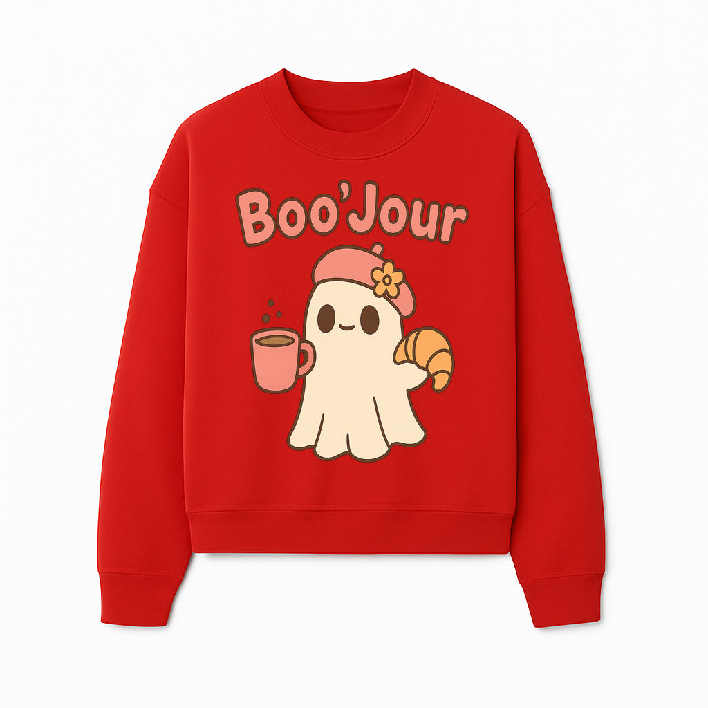 Cute Ghost Boo'Jour with Coffee and Croissant - Fun Halloween Decor, Ghost Lover Gift, Whimsical Art Print, Cozy Apparel - Sweatshirt 1758093383808.jpg