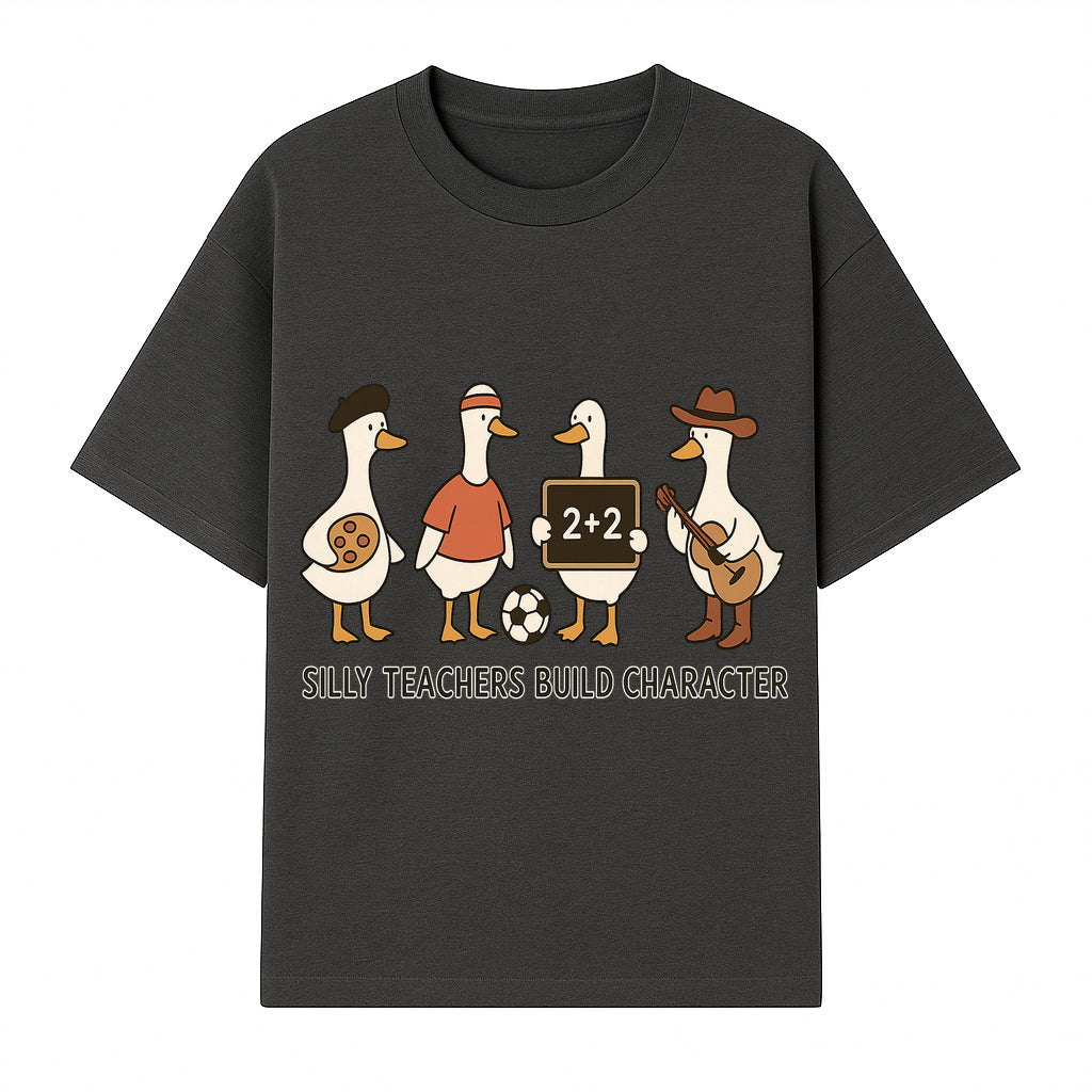 Silly Teachers Build Character Ducks Graphic Tee for Kids Fun Classroom Humor Shirt with Soccer, Music, and Learning Themes - T-shirt 1758093383846.jpg