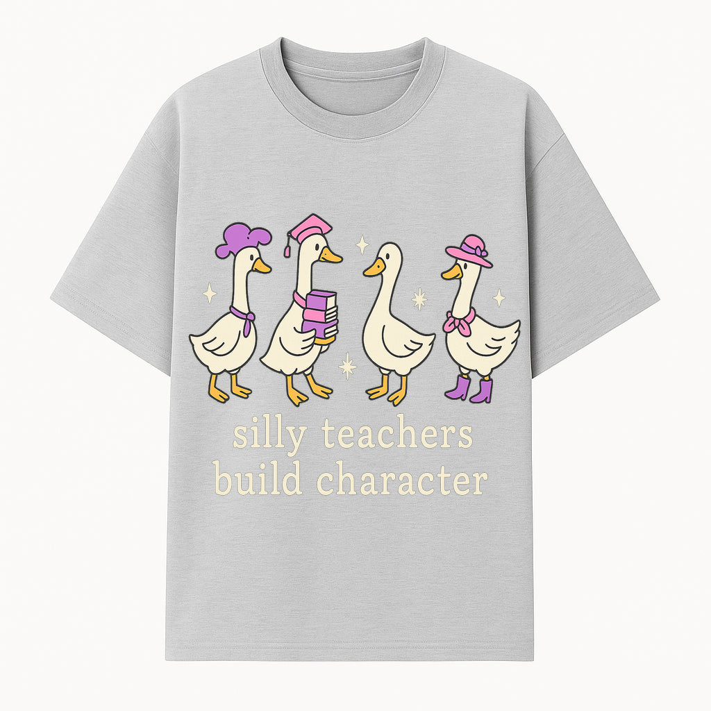 Silly Teachers Build Character - Cute Duck Illustration, Educational Gift, Fun Classroom Decor, Teacher Appreciation, Kids Learning - T-shirt 1758093383858.jpg
