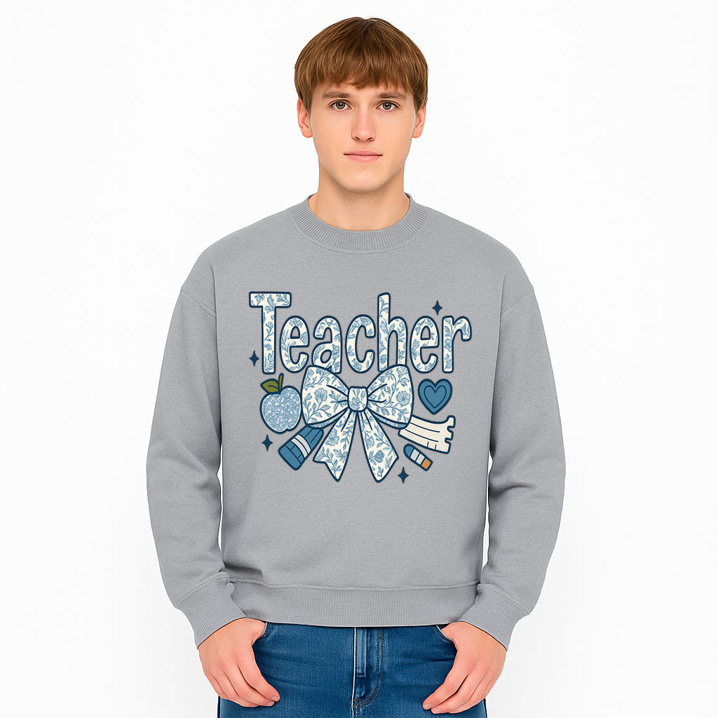 Floral Teacher Design with Apple, Bow & Stationery - Perfect Gift for Educators, Teachers' Day, Classroom Decor, Cute Art Print - Sweatshirt 1758093383887.jpg