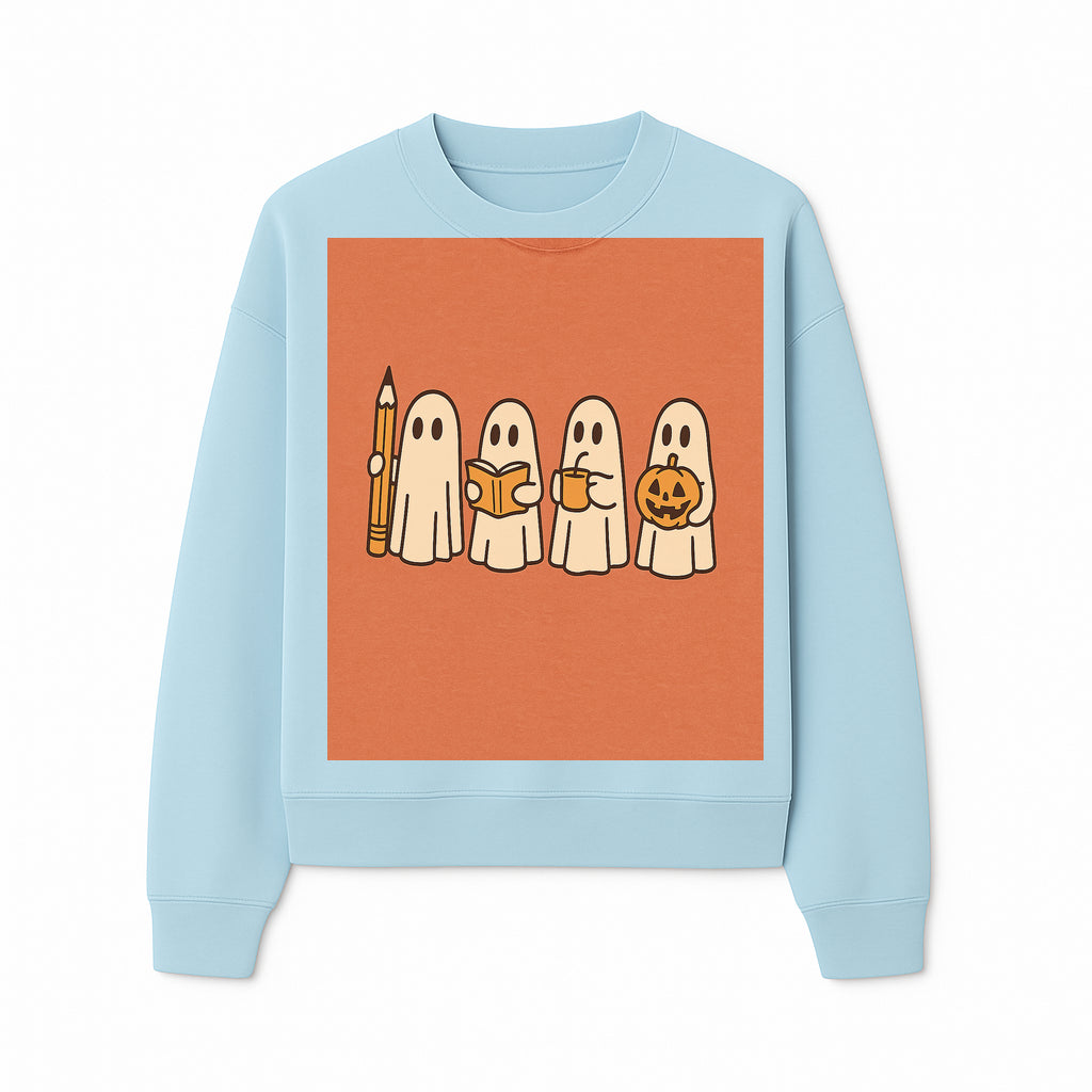 Cute Ghosts Reading, Writing, Drinking, and Celebrating Halloween Graphic Tee, Cozy Fall Top, Halloween Costume Shirt for Kids and Adults - Sweatshirt 1758093383905.jpg