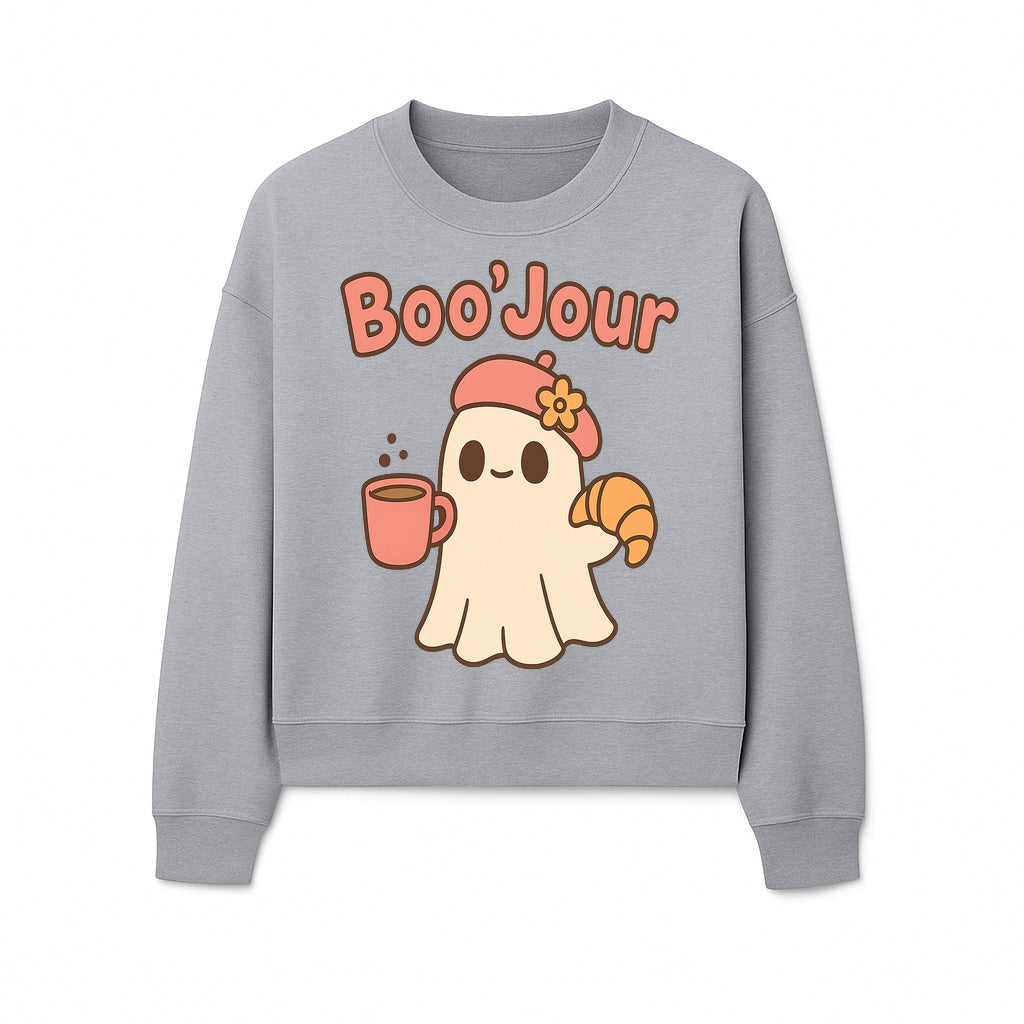 Cute Ghost Boo'Jour with Coffee and Croissant - Fun Halloween Decor, Ghost Lover Gift, Whimsical Art Print, Cozy Apparel - Sweatshirt 1758093383974.jpg