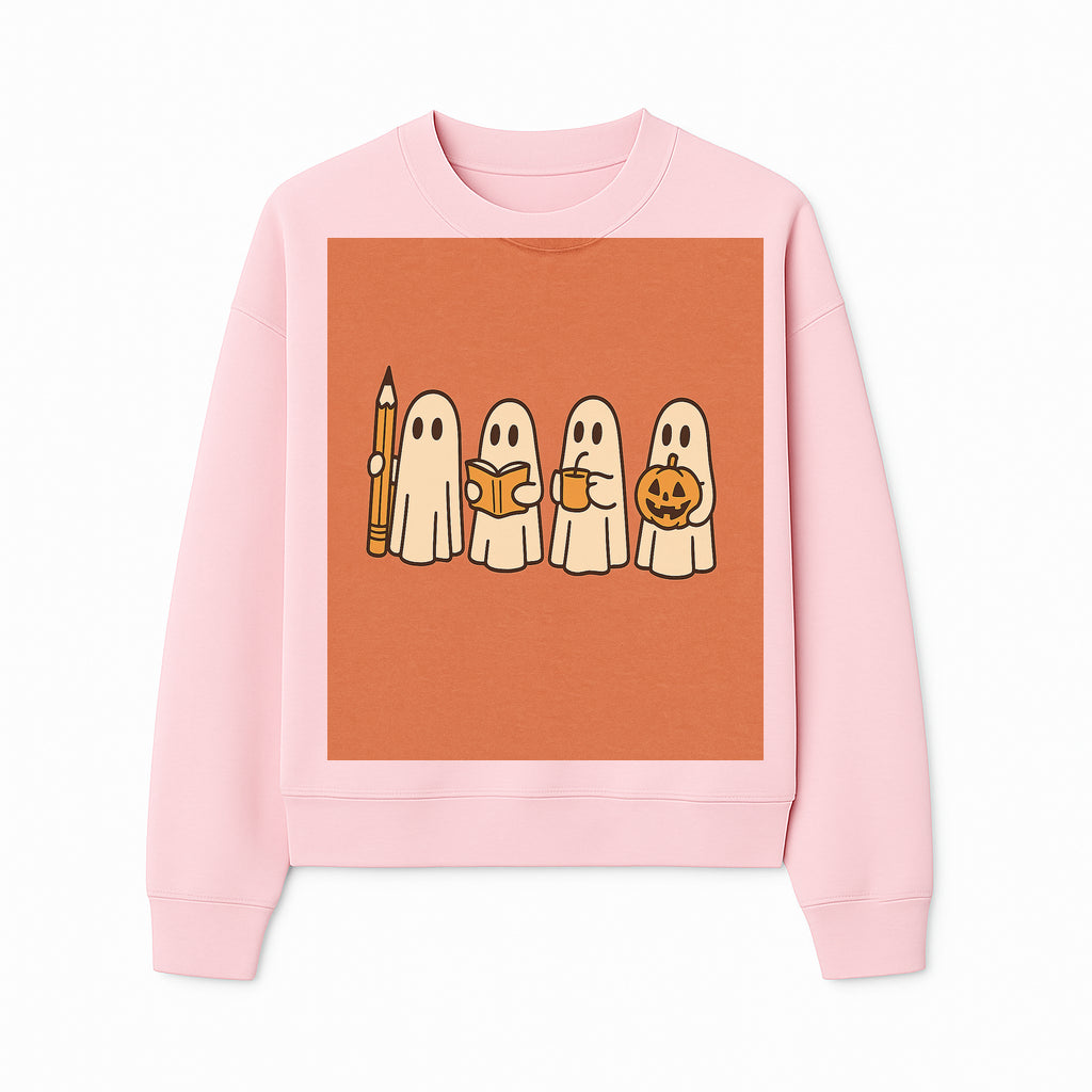 Cute Ghosts Reading, Writing, Drinking, and Celebrating Halloween Graphic Tee, Cozy Fall Top, Halloween Costume Shirt for Kids and Adults - Sweatshirt 1758093384080.jpg