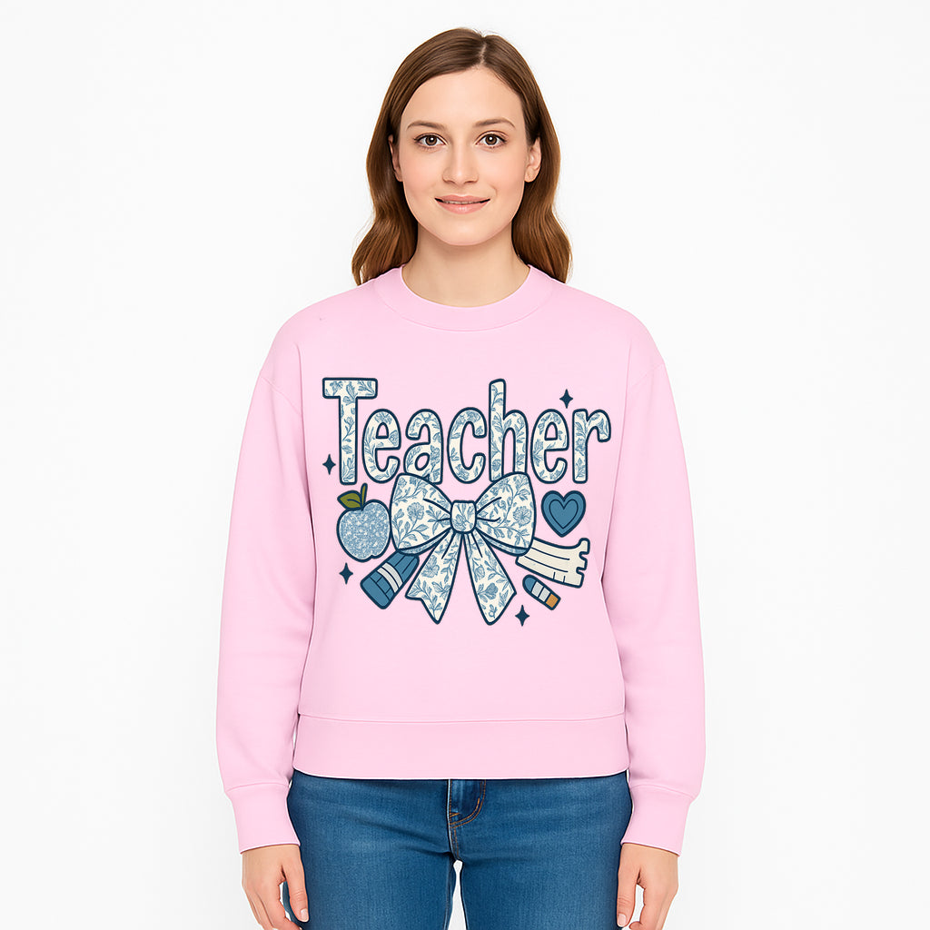 Floral Teacher Design with Apple, Bow & Stationery - Perfect Gift for Educators, Teachers' Day, Classroom Decor, Cute Art Print - Sweatshirt 1758093384083.jpg