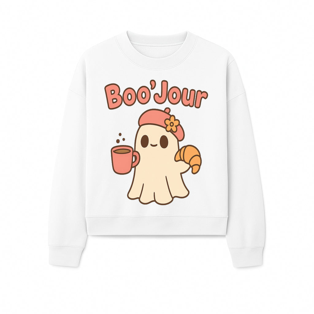 Cute Ghost Boo'Jour with Coffee and Croissant - Fun Halloween Decor, Ghost Lover Gift, Whimsical Art Print, Cozy Apparel - Sweatshirt 1758093384155.jpg