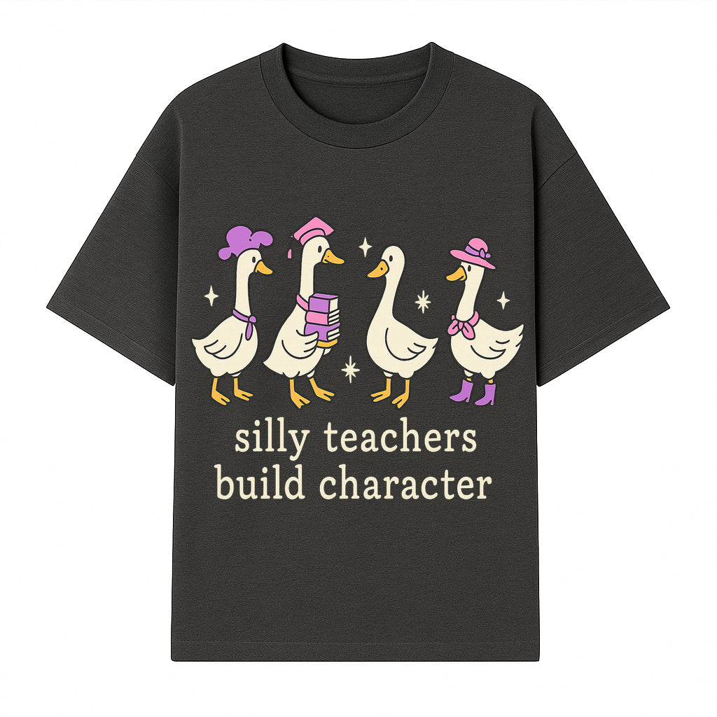 Silly Teachers Build Character - Cute Duck Illustration, Educational Gift, Fun Classroom Decor, Teacher Appreciation, Kids Learning - T-shirt 1758093384176.jpg