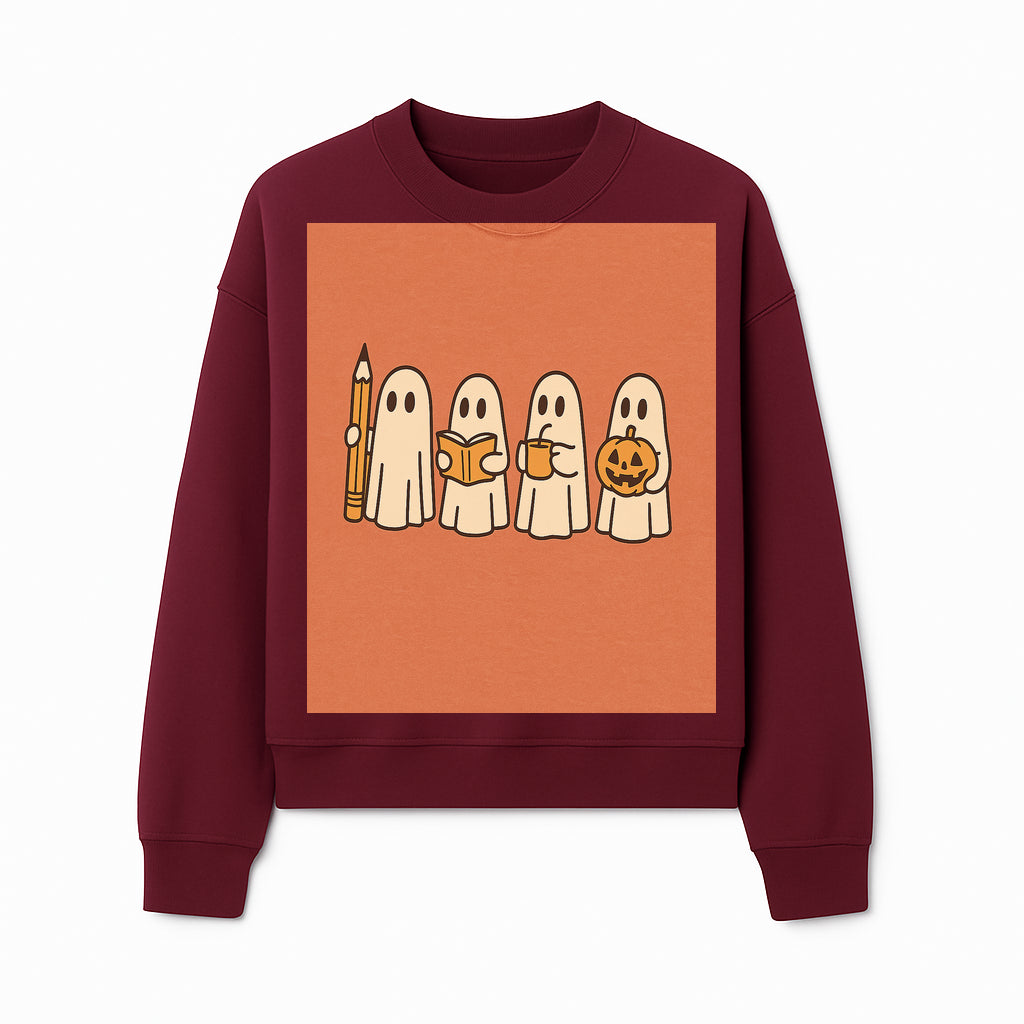 Cute Ghosts Reading, Writing, Drinking, and Celebrating Halloween Graphic Tee, Cozy Fall Top, Halloween Costume Shirt for Kids and Adults - Sweatshirt 1758093384223.jpg