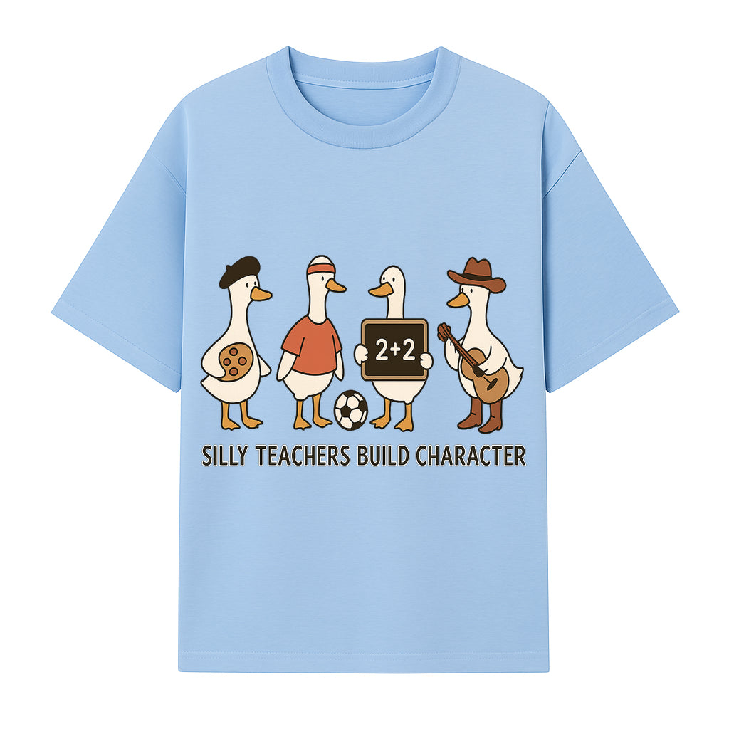 Silly Teachers Build Character Ducks Graphic Tee for Kids Fun Classroom Humor Shirt with Soccer, Music, and Learning Themes - T-shirt 1758093384347.jpg