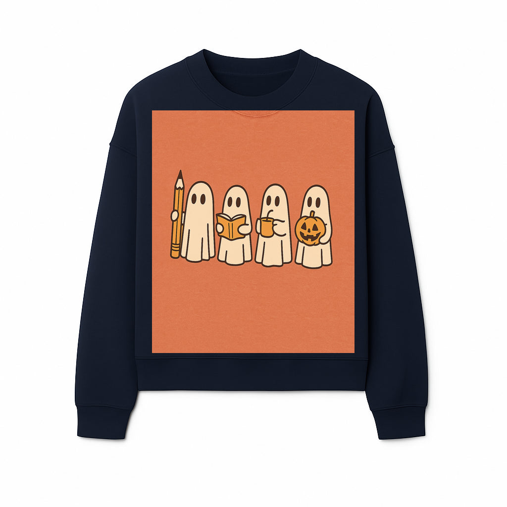 Cute Ghosts Reading, Writing, Drinking, and Celebrating Halloween Graphic Tee, Cozy Fall Top, Halloween Costume Shirt for Kids and Adults - Sweatshirt 1758093384394.jpg