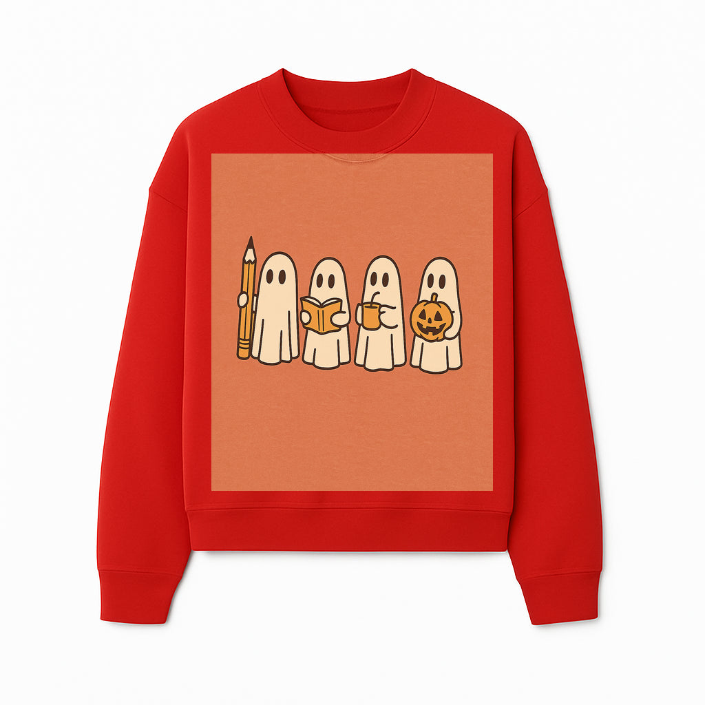 Cute Ghosts Reading, Writing, Drinking, and Celebrating Halloween Graphic Tee, Cozy Fall Top, Halloween Costume Shirt for Kids and Adults - Sweatshirt 1758093384558.jpg