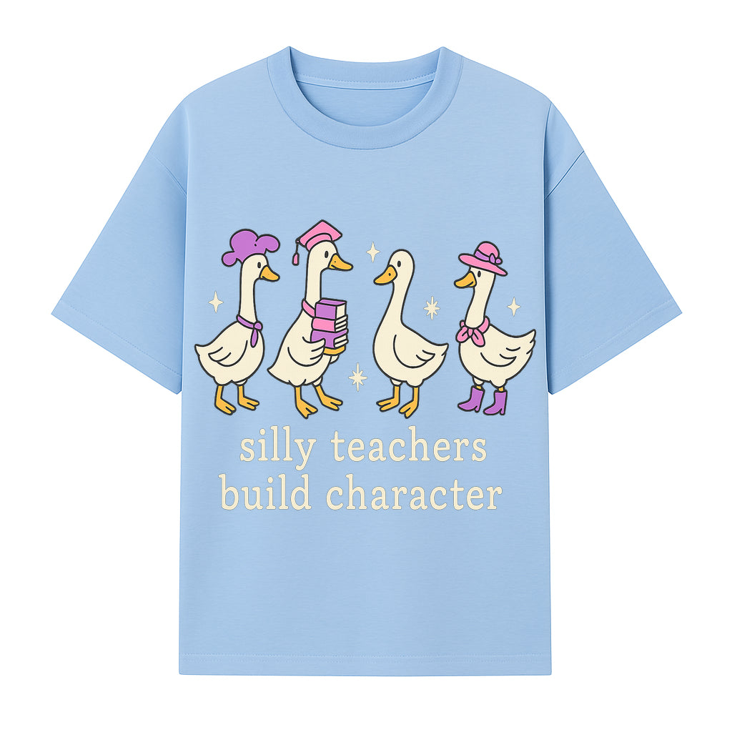 Silly Teachers Build Character - Cute Duck Illustration, Educational Gift, Fun Classroom Decor, Teacher Appreciation, Kids Learning - T-shirt 1758093384667.jpg