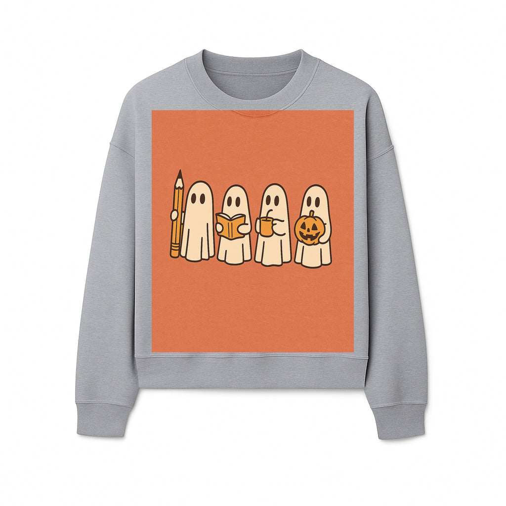 Cute Ghosts Reading, Writing, Drinking, and Celebrating Halloween Graphic Tee, Cozy Fall Top, Halloween Costume Shirt for Kids and Adults - Sweatshirt 1758093384744.jpg