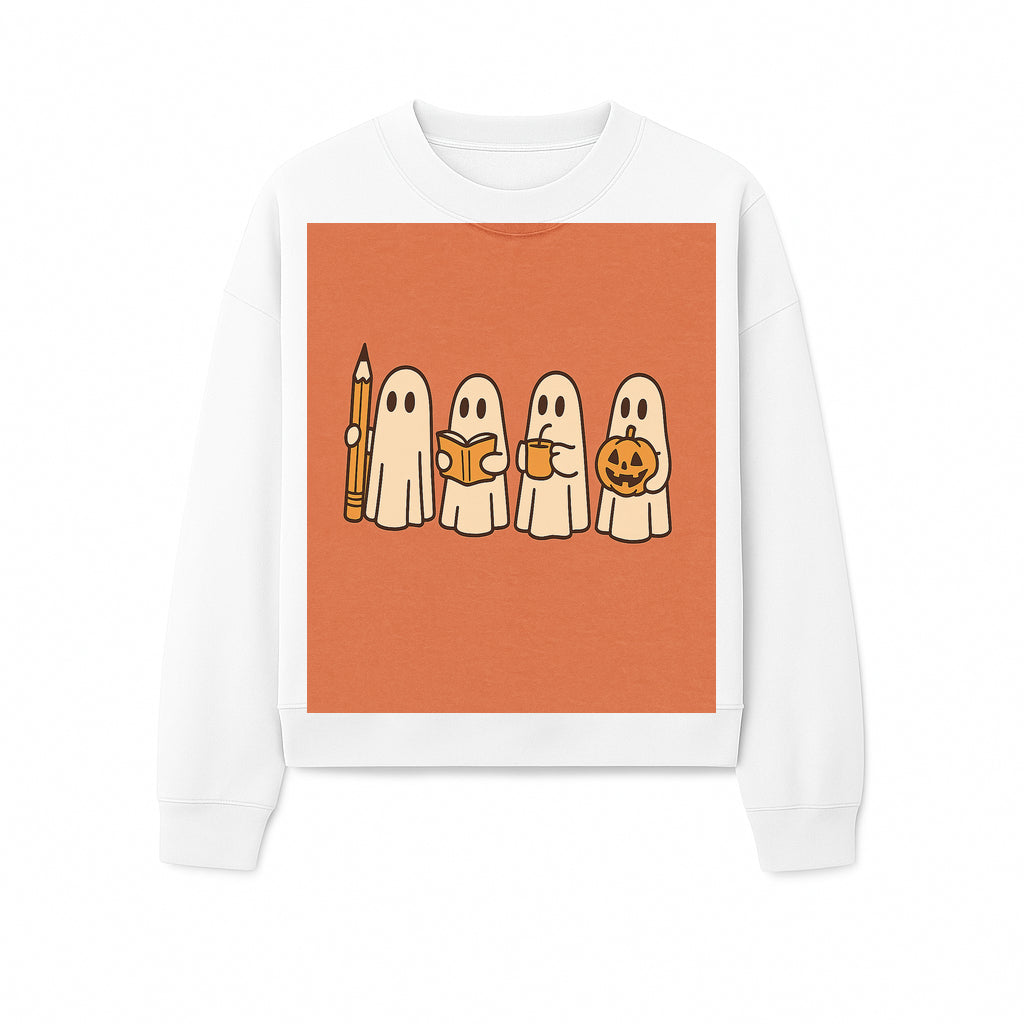Cute Ghosts Reading, Writing, Drinking, and Celebrating Halloween Graphic Tee, Cozy Fall Top, Halloween Costume Shirt for Kids and Adults - Sweatshirt 1758093384906.jpg