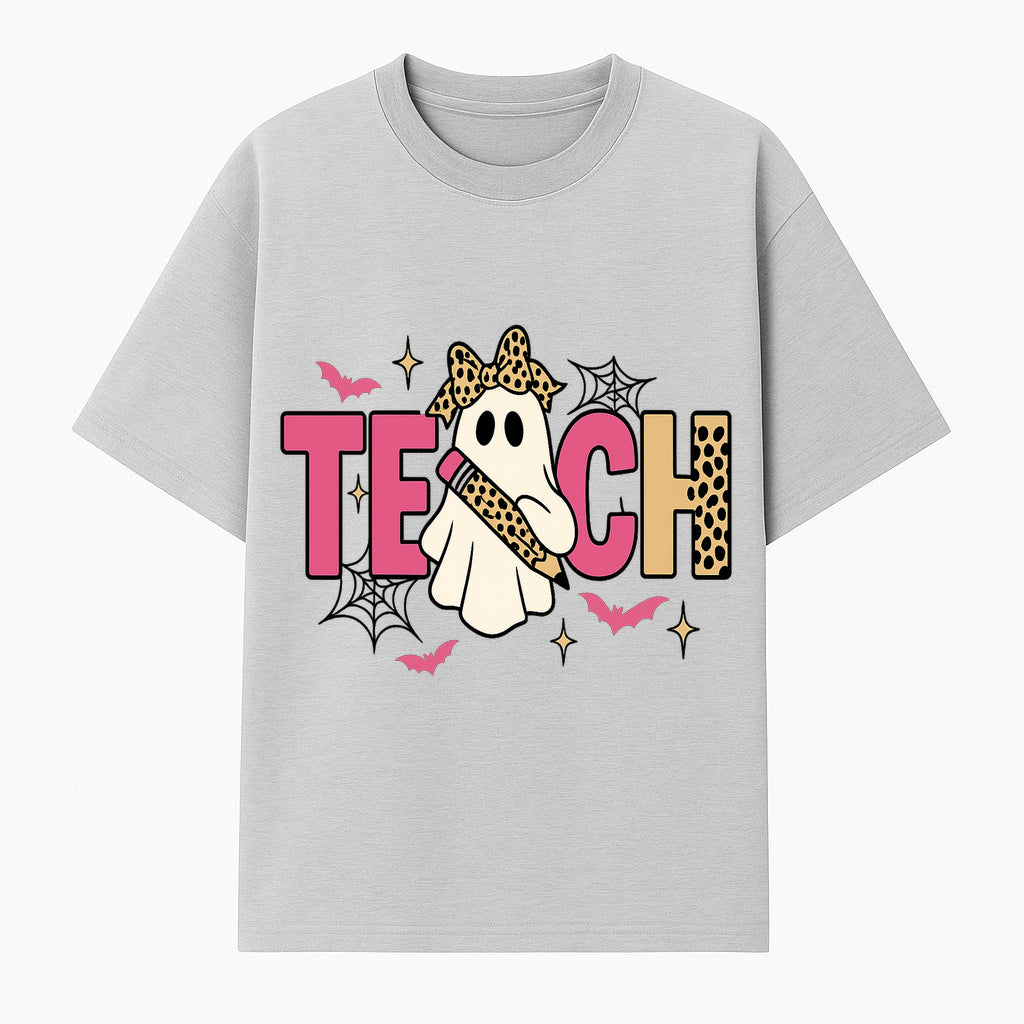 Halloween Ghost Teacher T-Shirt | Cute Ghost with Pencil | Fun Teaching Apparel | Spooky Season Gift for Educators - T-shirt 1758093385217.jpg
