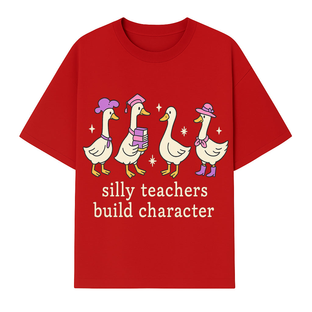 Silly Teachers Build Character - Cute Duck Illustration, Educational Gift, Fun Classroom Decor, Teacher Appreciation, Kids Learning - T-shirt 1758093385363.jpg