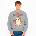 Cute Ghost Boo'Jour with Coffee and Croissant - Fun Halloween Decor, Ghost Lover Gift, Whimsical Art Print, Cozy Apparel - Sweatshirt 1758093385371.jpg