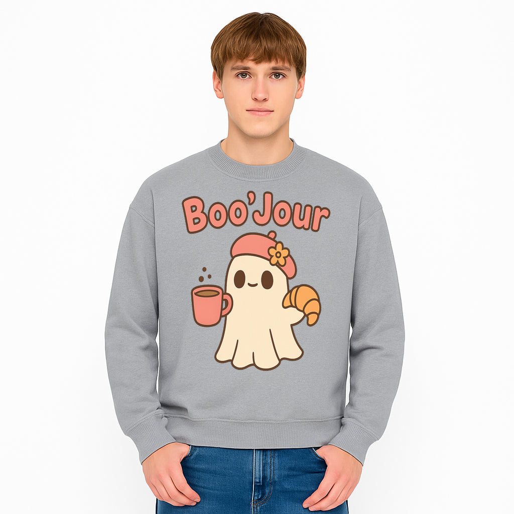 Cute Ghost Boo'Jour with Coffee and Croissant - Fun Halloween Decor, Ghost Lover Gift, Whimsical Art Print, Cozy Apparel - Sweatshirt 1758093385371.jpg