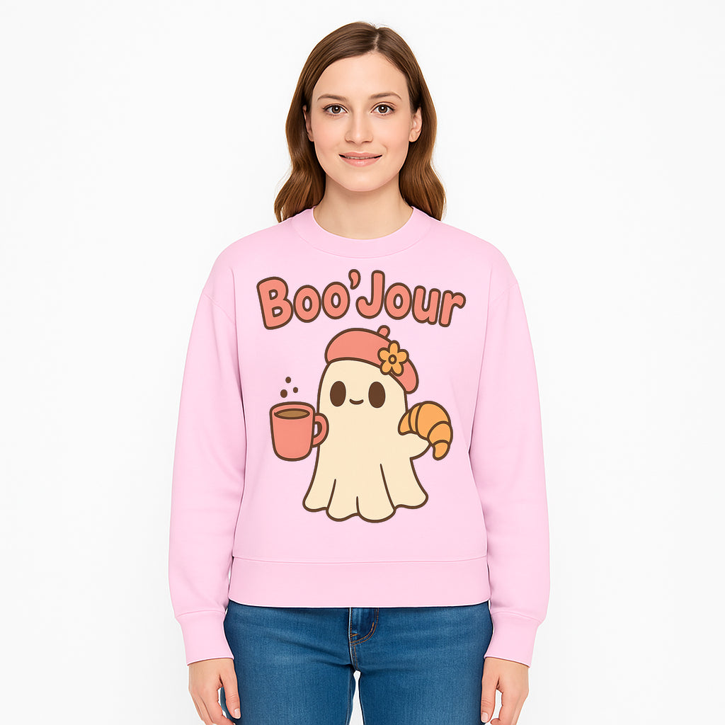 Cute Ghost Boo'Jour with Coffee and Croissant - Fun Halloween Decor, Ghost Lover Gift, Whimsical Art Print, Cozy Apparel - Sweatshirt 1758093385515.jpg