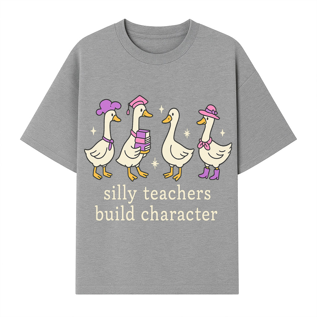 Silly Teachers Build Character - Cute Duck Illustration, Educational Gift, Fun Classroom Decor, Teacher Appreciation, Kids Learning - T-shirt 1758093385529.jpg