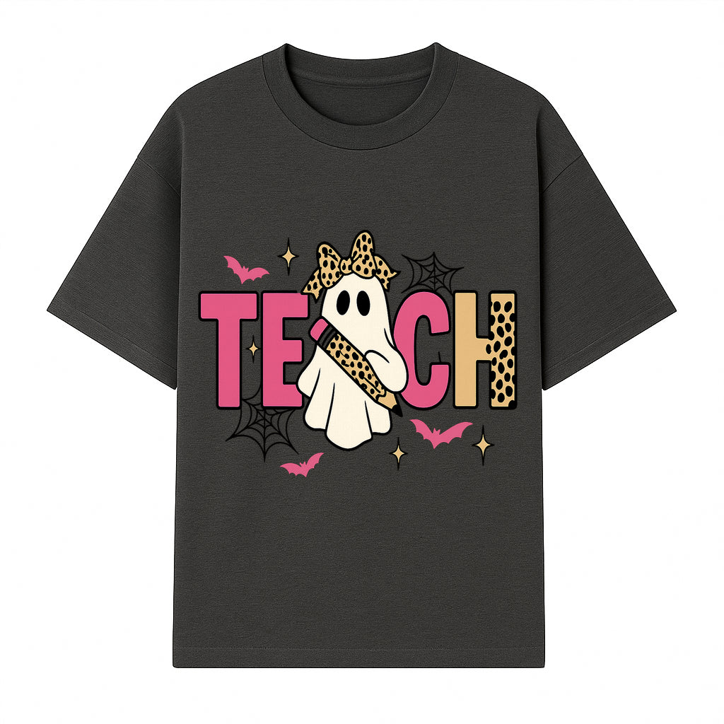 Halloween Ghost Teacher T-Shirt | Cute Ghost with Pencil | Fun Teaching Apparel | Spooky Season Gift for Educators - T-shirt 1758093385573.jpg
