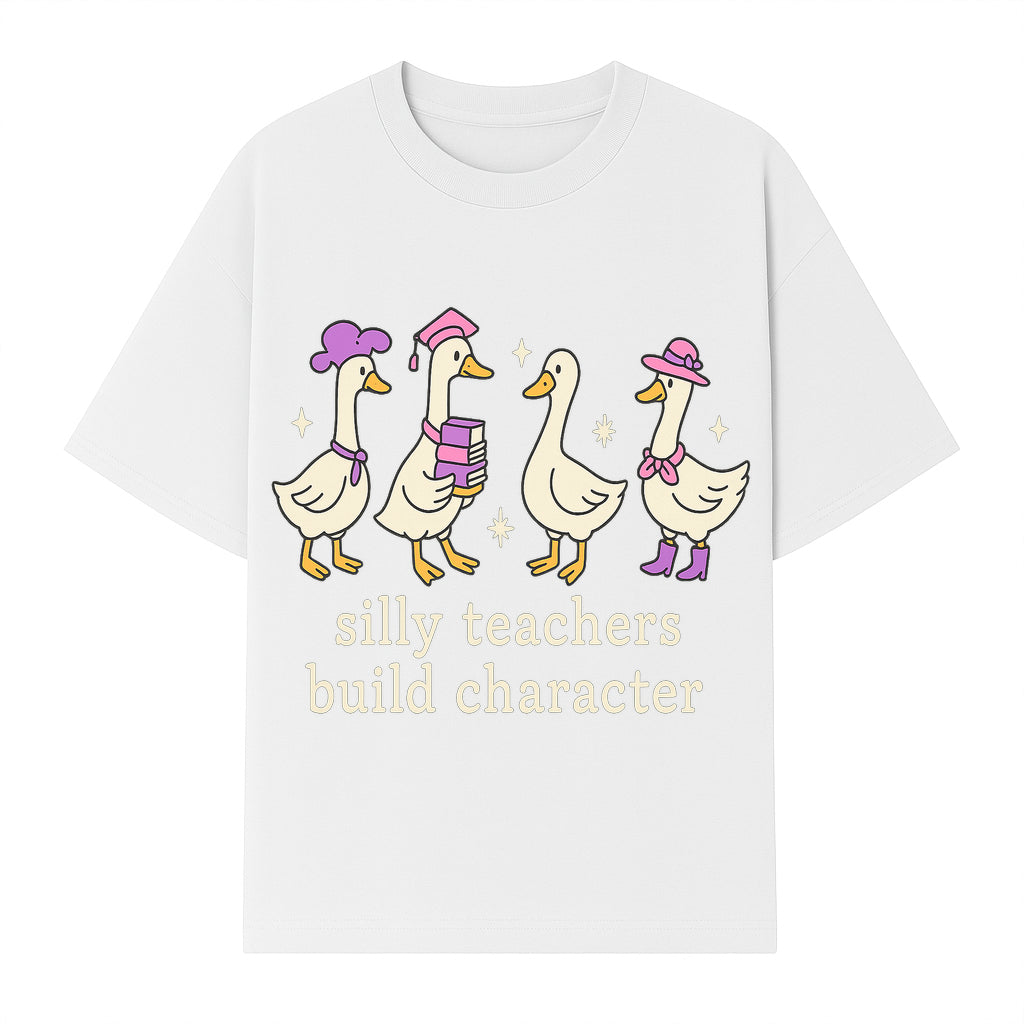 Silly Teachers Build Character - Cute Duck Illustration, Educational Gift, Fun Classroom Decor, Teacher Appreciation, Kids Learning - T-shirt 1758093385719.jpg