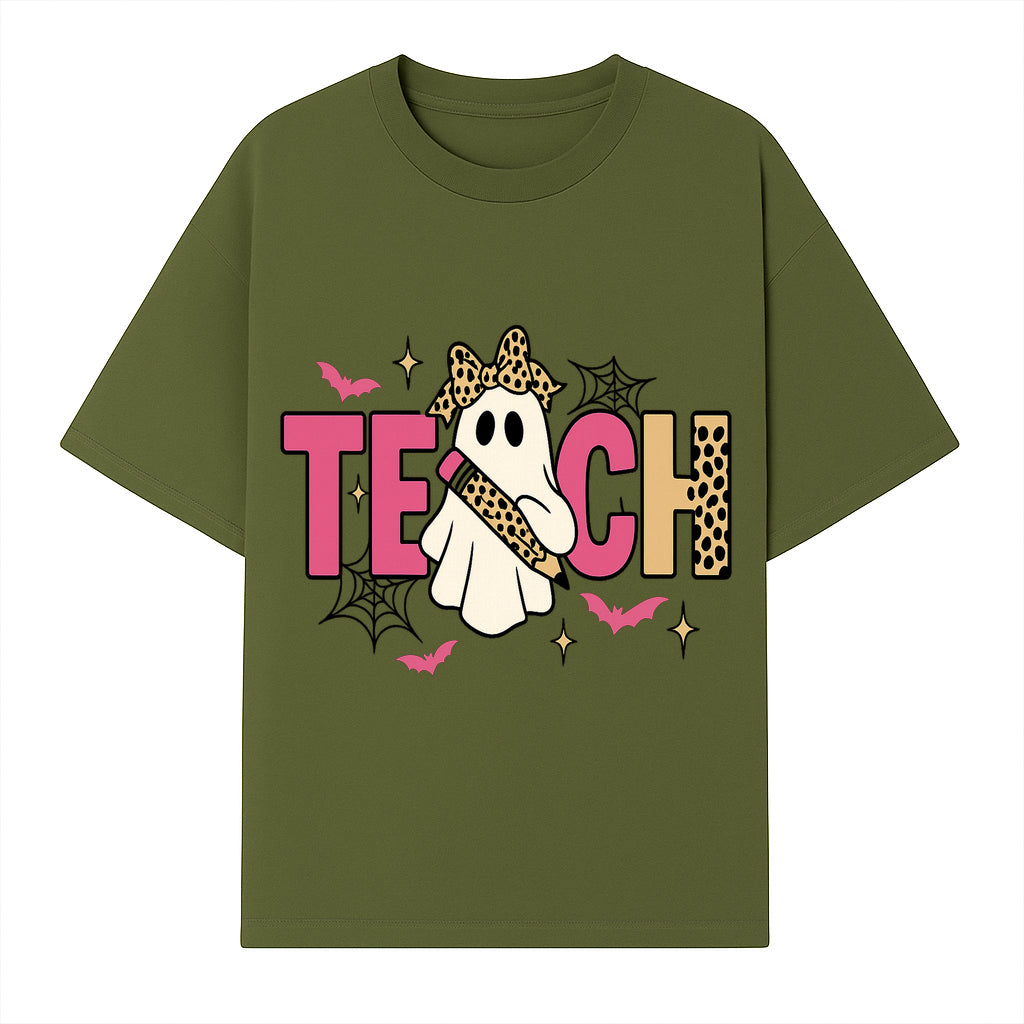 Halloween Ghost Teacher T-Shirt | Cute Ghost with Pencil | Fun Teaching Apparel | Spooky Season Gift for Educators - T-shirt 1758093385753.jpg