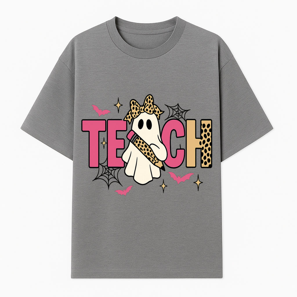 Halloween Ghost Teacher T-Shirt | Cute Ghost with Pencil | Fun Teaching Apparel | Spooky Season Gift for Educators - T-shirt 1758093385925.jpg