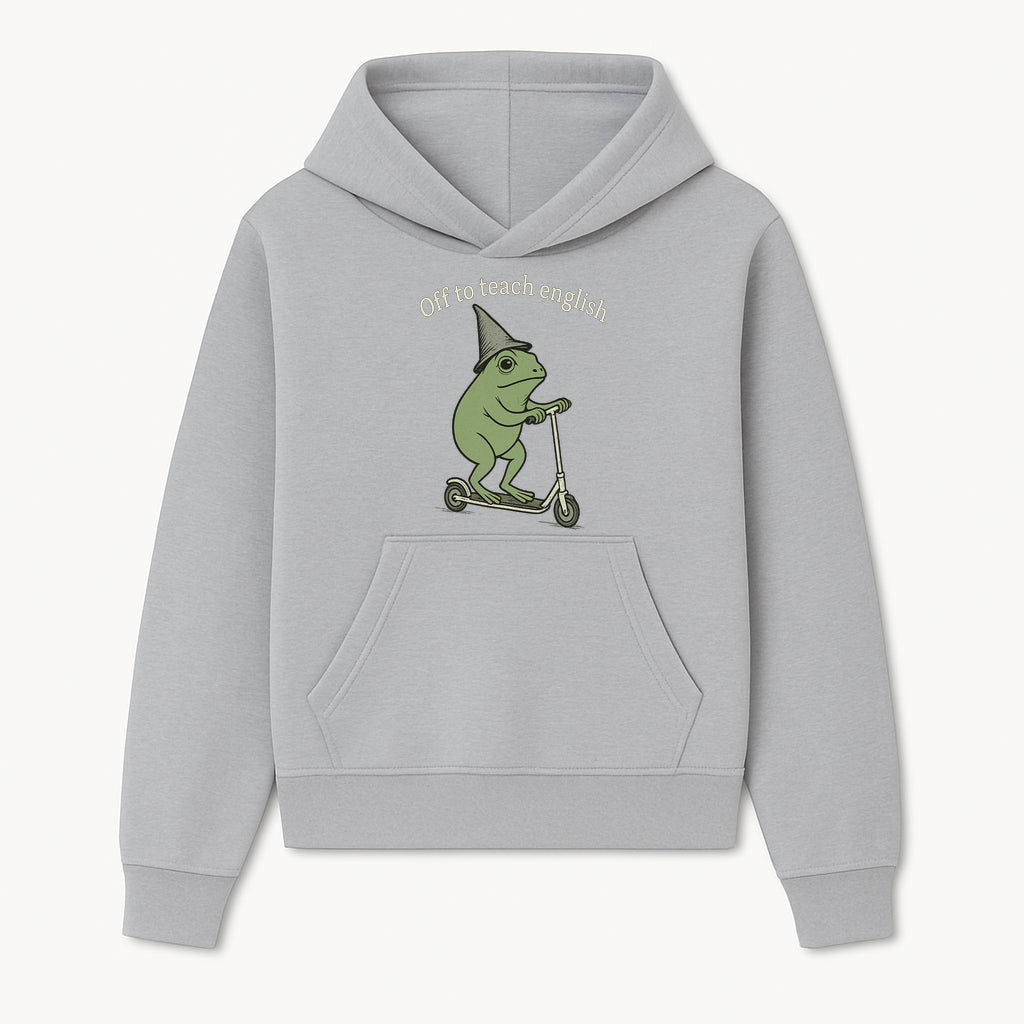 Funny Frog Scooting Off to Teach English T-Shirt, Cute Teacher Gift, Humorous Classroom Apparel, Whimsical Design for ESL Educators - Hoodie 1758093385998.jpg