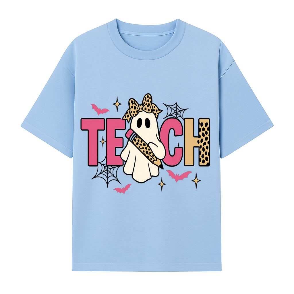 Halloween Ghost Teacher T-Shirt | Cute Ghost with Pencil | Fun Teaching Apparel | Spooky Season Gift for Educators - T-shirt 1758093386088.jpg