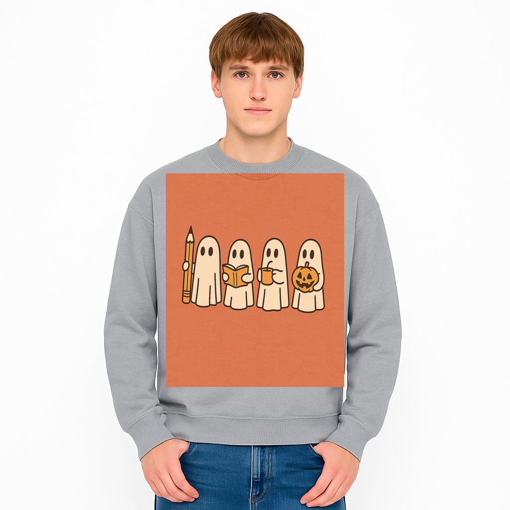 Cute Ghosts Reading, Writing, Drinking, and Celebrating Halloween Graphic Tee, Cozy Fall Top, Halloween Costume Shirt for Kids and Adults - Sweatshirt 1758093386110.jpg