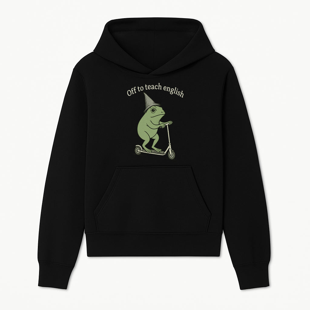 Funny Frog Scooting Off to Teach English T-Shirt, Cute Teacher Gift, Humorous Classroom Apparel, Whimsical Design for ESL Educators - Hoodie 1758093386175.jpg