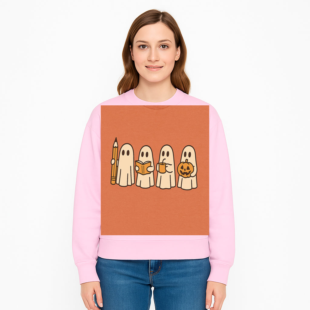Cute Ghosts Reading, Writing, Drinking, and Celebrating Halloween Graphic Tee, Cozy Fall Top, Halloween Costume Shirt for Kids and Adults - Sweatshirt 1758093386250.jpg