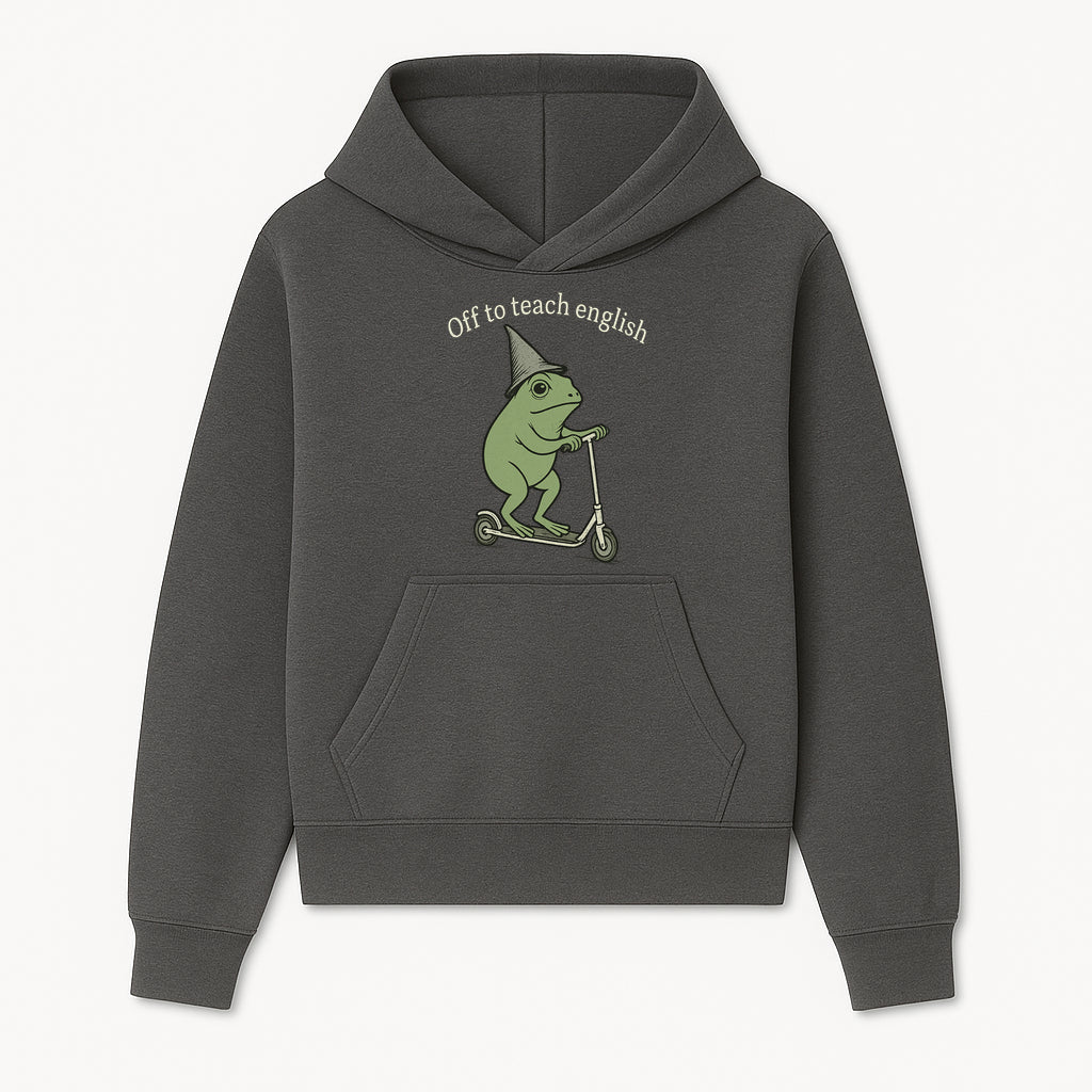 Funny Frog Scooting Off to Teach English T-Shirt, Cute Teacher Gift, Humorous Classroom Apparel, Whimsical Design for ESL Educators - Hoodie 1758093386350.jpg