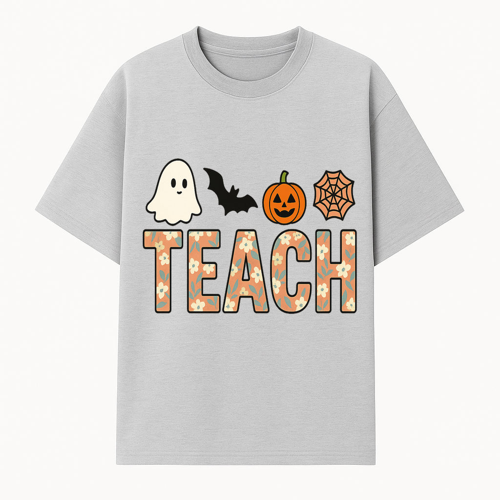 Halloween Teacher Decor | Cute Ghost, Bat, Pumpkin, Spiderweb | Floral 'Teach' Sign | Classroom Wall Art | Fall Aesthetic - T-shirt 1758093386387.jpg