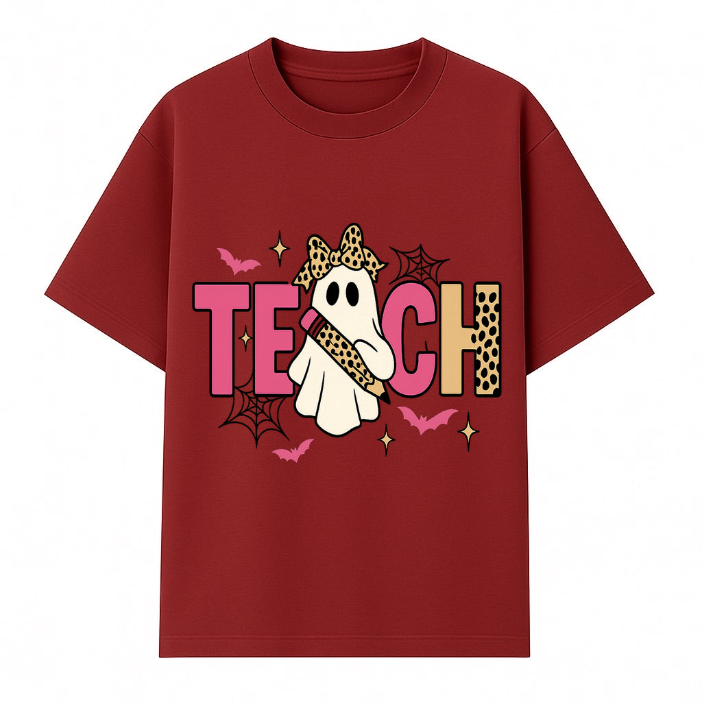Halloween Ghost Teacher T-Shirt | Cute Ghost with Pencil | Fun Teaching Apparel | Spooky Season Gift for Educators - T-shirt 1758093386454.jpg