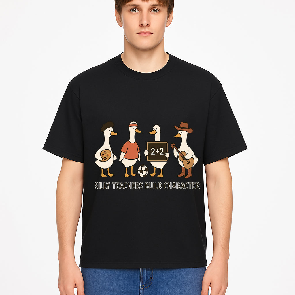 Silly Teachers Build Character Ducks Graphic Tee for Kids Fun Classroom Humor Shirt with Soccer, Music, and Learning Themes - T-shirt 1758093386504.jpg