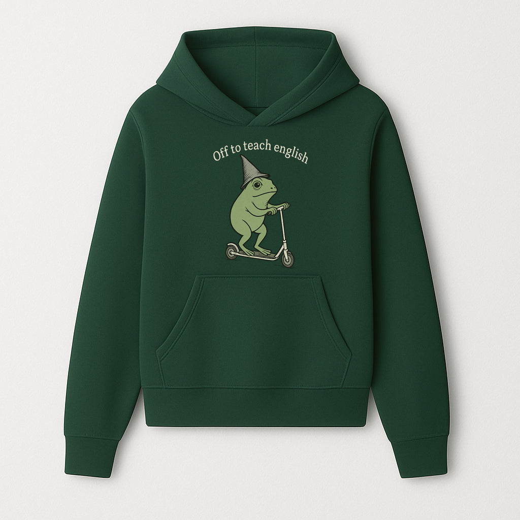 Funny Frog Scooting Off to Teach English T-Shirt, Cute Teacher Gift, Humorous Classroom Apparel, Whimsical Design for ESL Educators - Hoodie 1758093386535.jpg