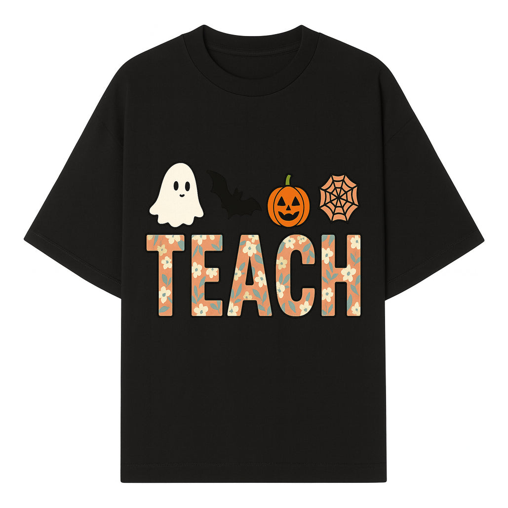 Halloween Teacher Decor | Cute Ghost, Bat, Pumpkin, Spiderweb | Floral 'Teach' Sign | Classroom Wall Art | Fall Aesthetic - T-shirt 1758093386589.jpg