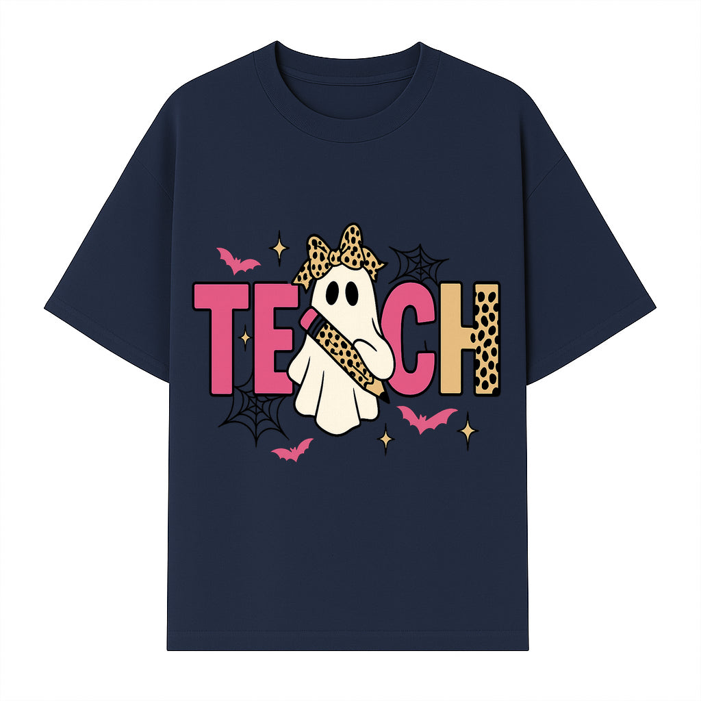 Halloween Ghost Teacher T-Shirt | Cute Ghost with Pencil | Fun Teaching Apparel | Spooky Season Gift for Educators - T-shirt 1758093386632.jpg