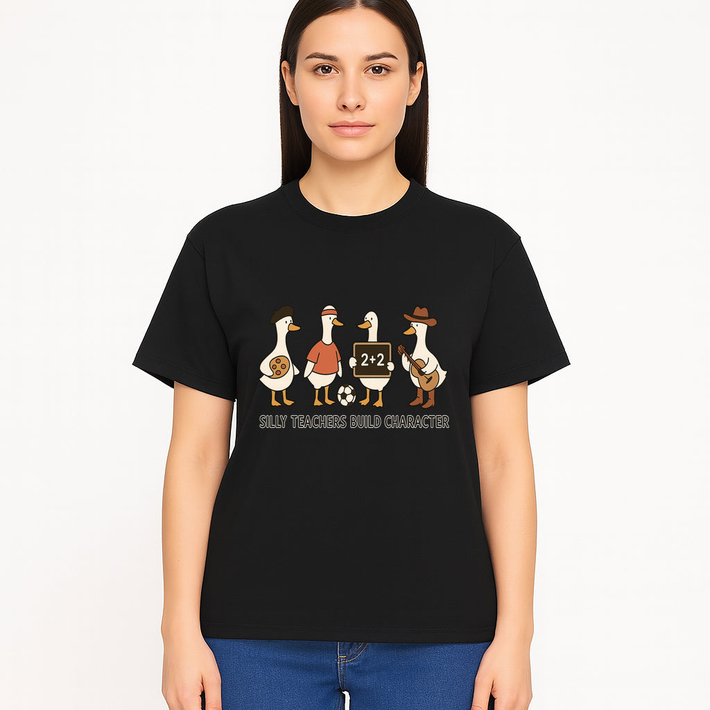 Silly Teachers Build Character Ducks Graphic Tee for Kids Fun Classroom Humor Shirt with Soccer, Music, and Learning Themes - T-shirt 1758093386678.jpg