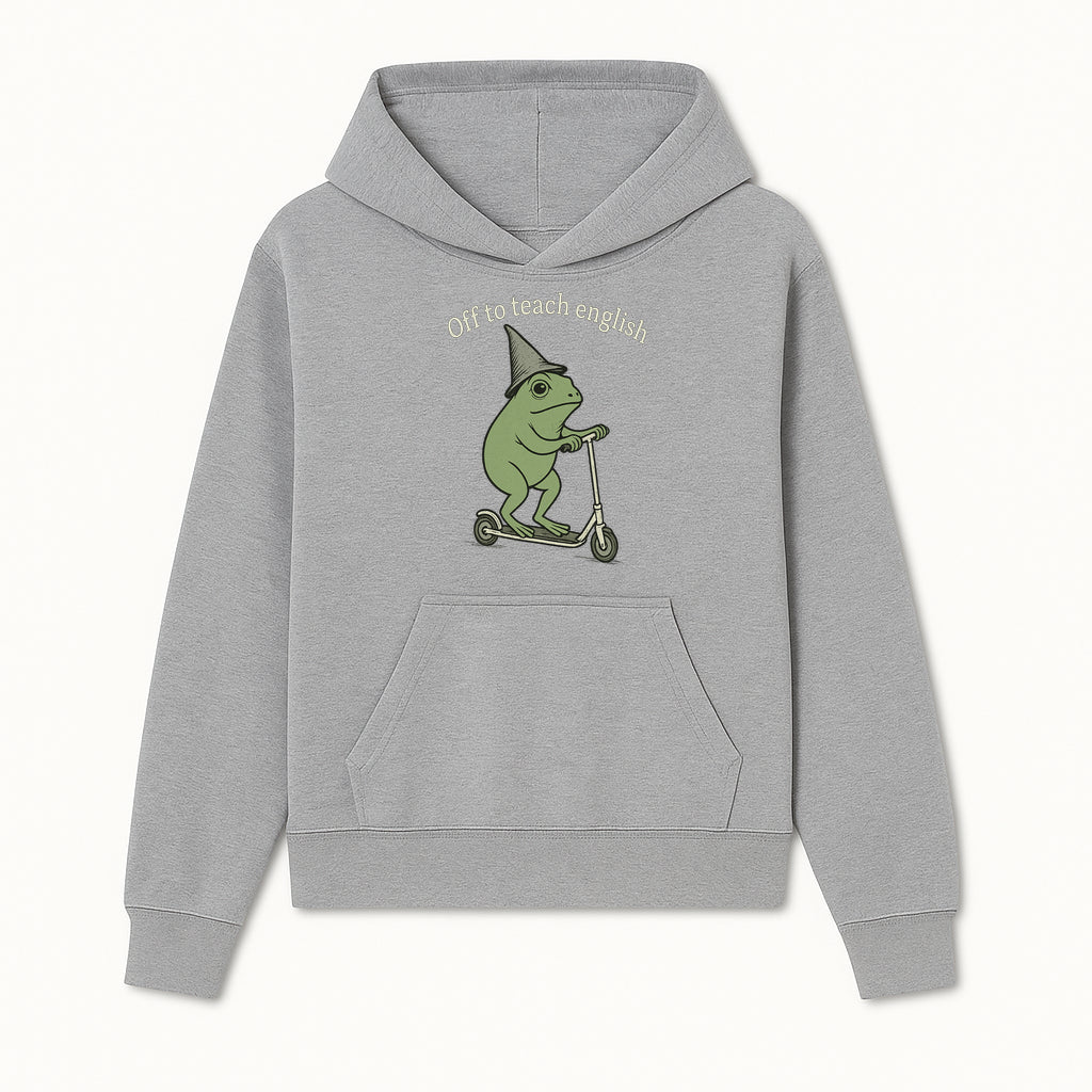 Funny Frog Scooting Off to Teach English T-Shirt, Cute Teacher Gift, Humorous Classroom Apparel, Whimsical Design for ESL Educators - Hoodie 1758093386686.jpg