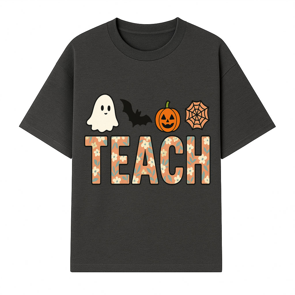 Halloween Teacher Decor | Cute Ghost, Bat, Pumpkin, Spiderweb | Floral 'Teach' Sign | Classroom Wall Art | Fall Aesthetic - T-shirt 1758093386731.jpg