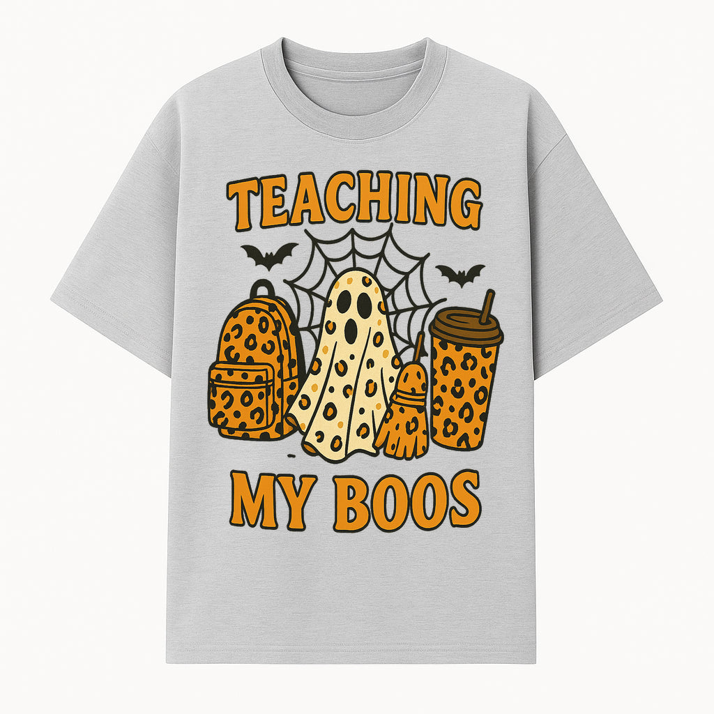 Teaching My Boos Halloween Ghosts & Leopard Print Backpack T-Shirt, Cute Teacher Gift for Kids, Spooky Season Apparel - T-shirt 1758093386769.jpg