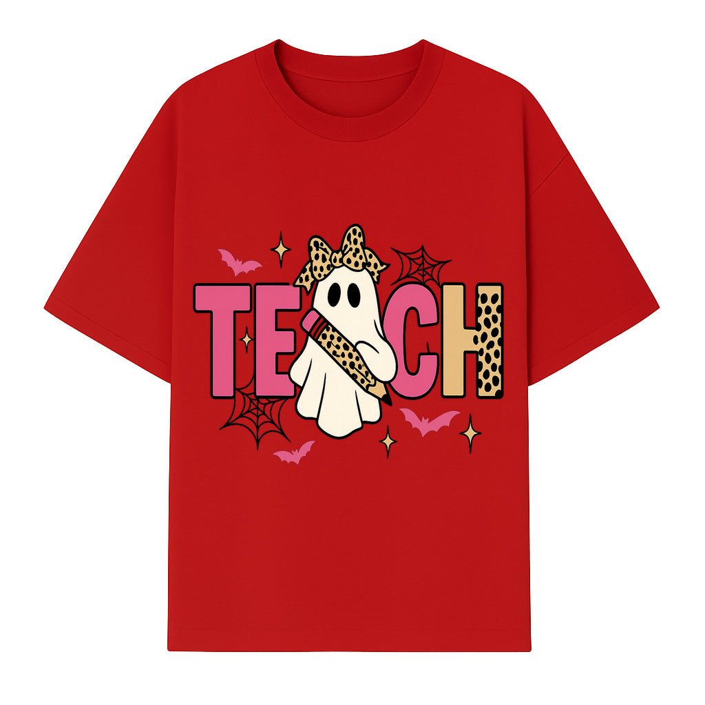 Halloween Ghost Teacher T-Shirt | Cute Ghost with Pencil | Fun Teaching Apparel | Spooky Season Gift for Educators - T-shirt 1758093386801.jpg