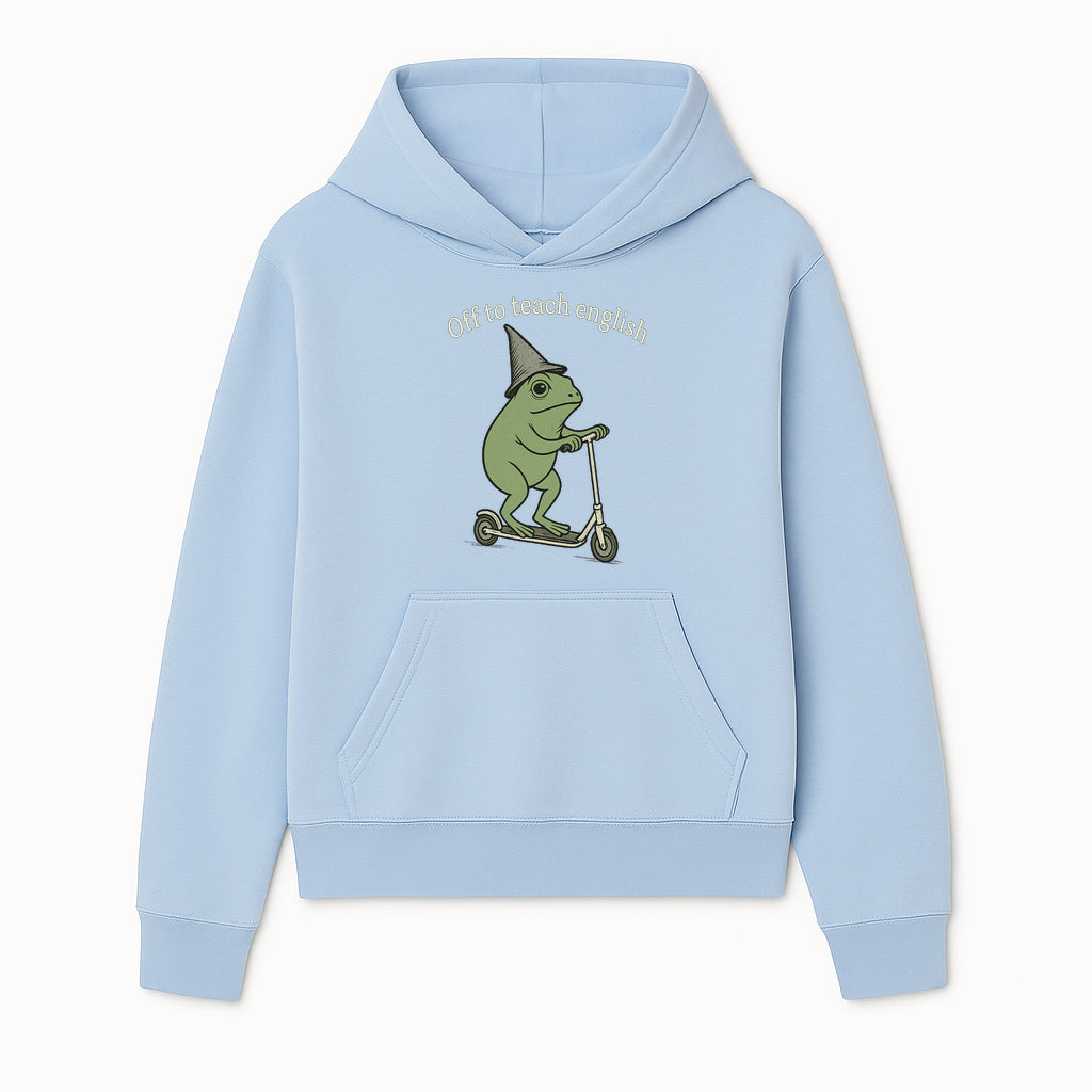 Funny Frog Scooting Off to Teach English T-Shirt, Cute Teacher Gift, Humorous Classroom Apparel, Whimsical Design for ESL Educators - Hoodie 1758093386853.jpg