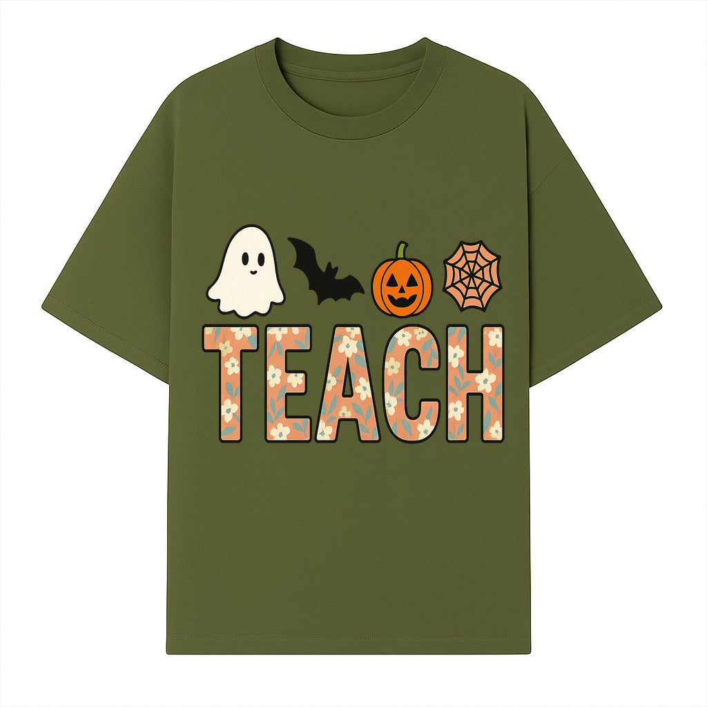 Halloween Teacher Decor | Cute Ghost, Bat, Pumpkin, Spiderweb | Floral 'Teach' Sign | Classroom Wall Art | Fall Aesthetic - T-shirt 1758093386904.jpg
