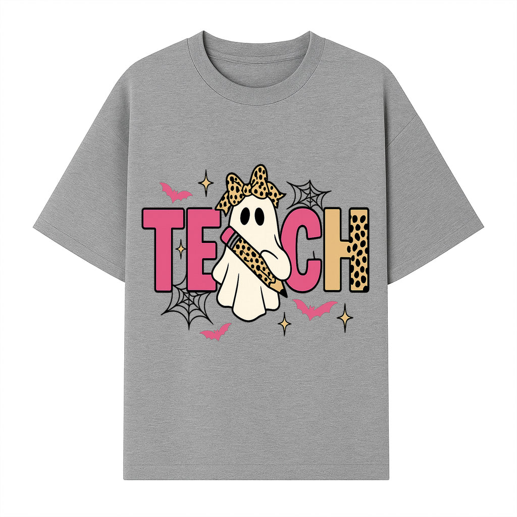 Halloween Ghost Teacher T-Shirt | Cute Ghost with Pencil | Fun Teaching Apparel | Spooky Season Gift for Educators - T-shirt 1758093386977.jpg